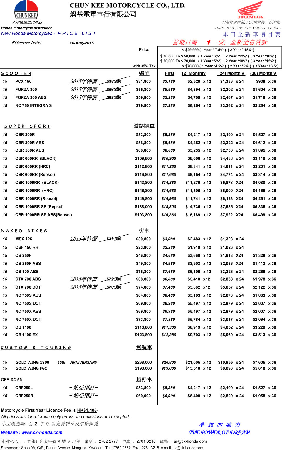 HONDA PRICE LIST 2015