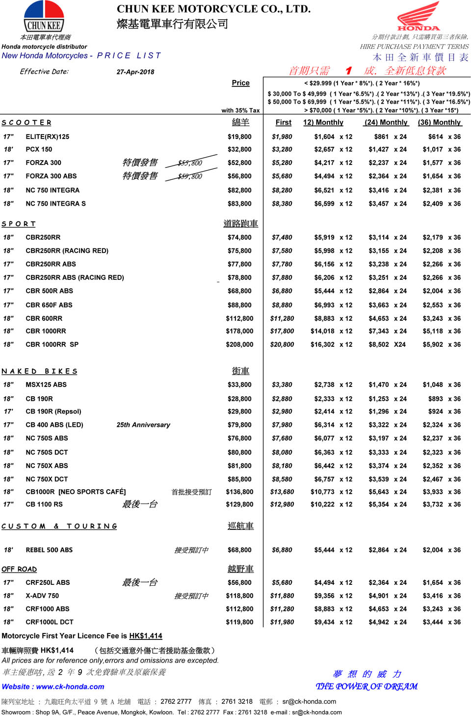 HONDA PRICE LIST 2018