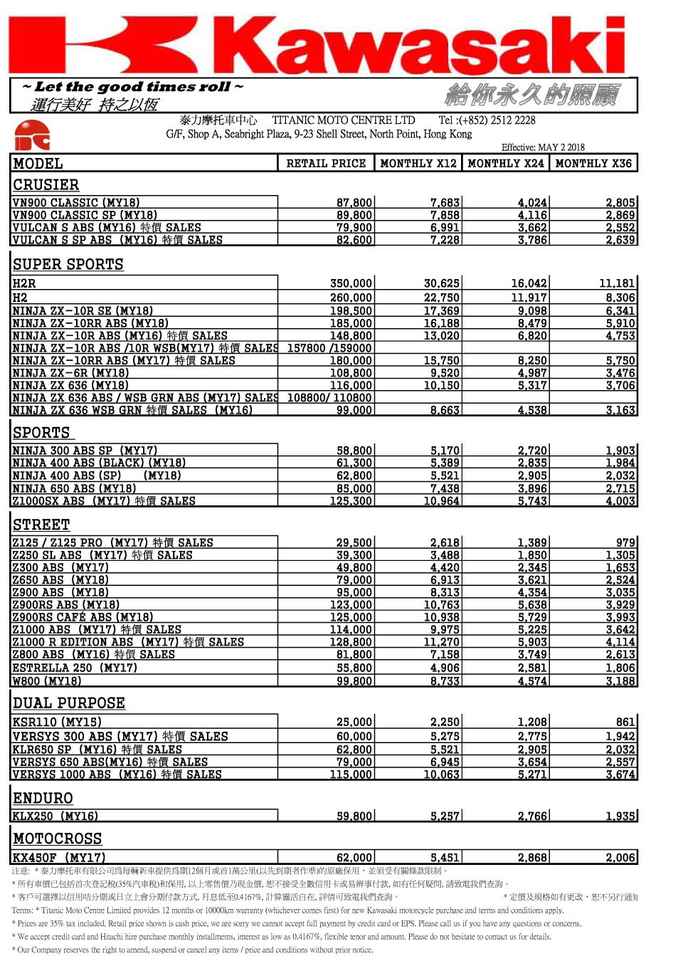 2018 KAWASAKI price list